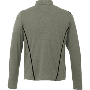 A green eco knit performance half zip jacket with contrasting black details and a collar at the back view.