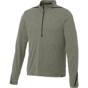 A green men's half zip jacket featuring long sleeves and a branding logo.