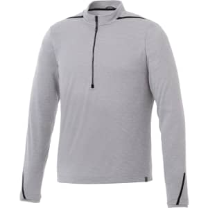 A grey half-zip long sleeve jacket with black accents and a logo. Suitable for performance activities.