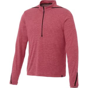 A red half-zip performance jacket with long sleeves and a black zipper, featuring a logo on the sleeve.