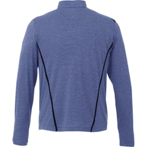 A blue Men's Dege Eco Knit Performance Half Zip jacket featuring a back design with contrasting black seams and a collar.