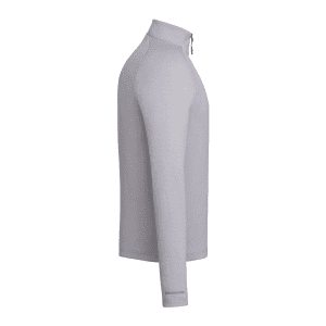 A light grey quarter zip jacket with long sleeves, featuring a branded logo.