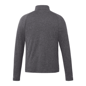 A grey quarter zip jacket with a high collar, featuring a logo on the sleeve.