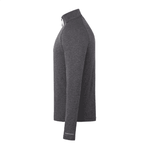A grey quarter zip jacket for men with long sleeves and a stand-up collar, featuring a logo.