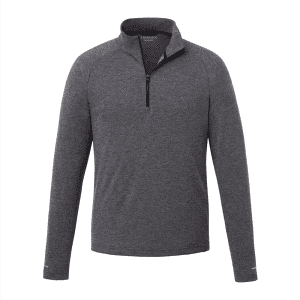 A dark grey quarter zip jacket with long sleeves and a collar, featuring a small logo on the chest.