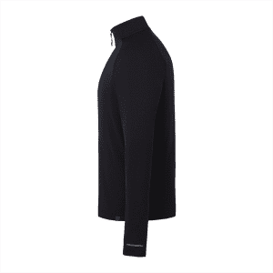 A black quarter-zip jacket with long sleeves and a logo on the side.