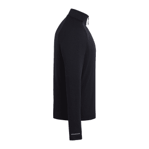 A black quarter zip jacket for men, featuring long sleeves and a fitted design, with a logo on the chest.