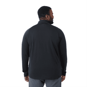 A black quarter zip jacket for men, featuring a collar and a logo on the back.
