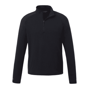 A quarter zip jacket in black with long sleeves, featuring a slight textured design and a logo.