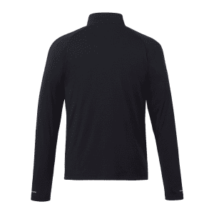 A black men's quarter zip jacket with long sleeves and a collar, featuring a logo on the sleeve.