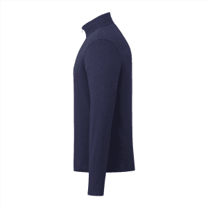 A navy quarter zip jacket for men, featuring long sleeves and a branding logo on the fabric.