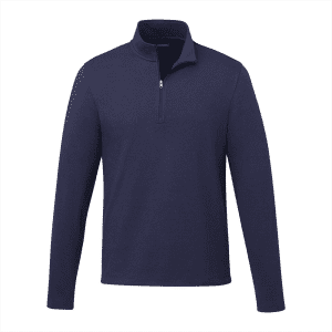 A navy quarter zip jacket for men with long sleeves and a collar, featuring a small zipper and a logo.