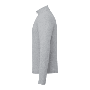 A grey quarter-zip jacket for men with long sleeves, featuring a sleek design and a logo on the chest.