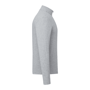 A grey knit quarter zip jacket for men with long sleeves and a collar, featuring a logo.