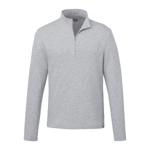 A light grey quarter zip jacket for men with long sleeves, featuring a logo on the side.