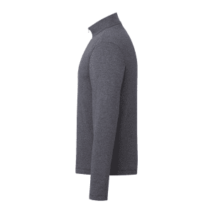 A grey quarter zip jacket for men, featuring long sleeves and a fitted design, with a logo on the chest.