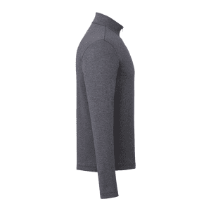 A grey quarter zip jacket for men featuring long sleeves and a collar. It has a logo on the garment.