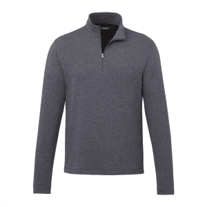 A grey quarter-zip jacket with long sleeves, featuring a collar and a small logo on the chest.