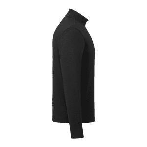 A black quarter zip jacket with long sleeves featuring a collar and a branding logo.
