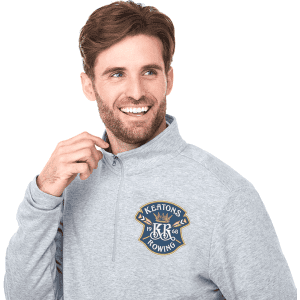 A grey quarter zip jacket for men featuring a logo on the chest.