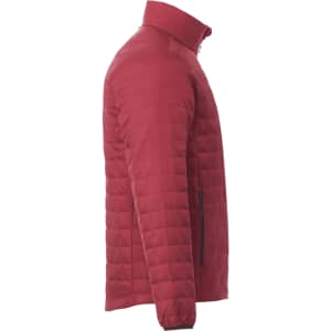A lightweight, packable insulated puffer jacket in a deep burgundy colour, featuring a high collar and side zippers.