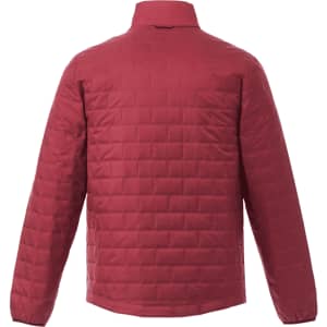 A lightweight packable insulated puffer jacket in a rich burgundy colour, featuring a simple design and a collar.