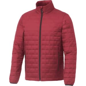 A men's lightweight packable insulated puffer jacket in burgundy, featuring a zip front and side pockets.