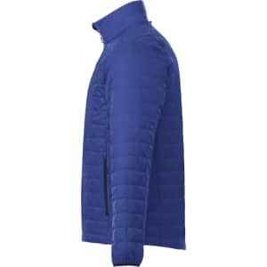 A blue men's lightweight packable insulated puffer jacket displayed from the side, featuring a collar and zipped pockets.