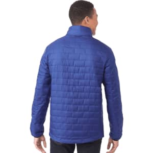 A blue lightweight insulated puffer jacket viewed from the back, featuring a stand-up collar and a quilted design.