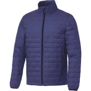 A navy puffer jacket with a standing collar, featuring a zip front and side pockets. It has a logo on it.