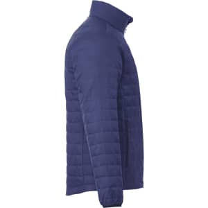 A navy puffer jacket featuring a lightweight, packable design and an insulated structure, with a stand-up collar.