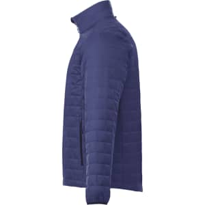 A lightweight packable insulated puffer jacket in navy blue with a zip front and pockets, featuring a logo.