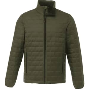A lightweight, packable insulated puffer jacket in olive green, featuring a zip front and two side pockets.