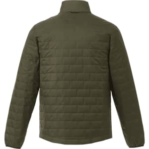A lightweight packable insulated puffer jacket in olive green with a quilted design and a collar.