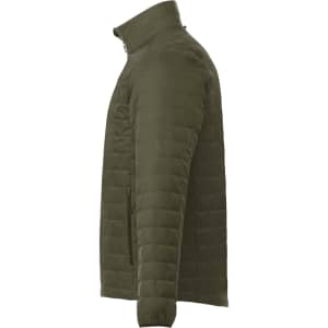 A lightweight, packable insulated puffer jacket in olive green, featuring a zip front and side pockets.