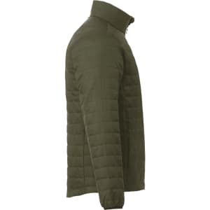 A lightweight, packable insulated puffer jacket in olive green, featuring a side view and a stand-up collar.