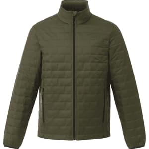 A lightweight, packable insulated puffer jacket in olive green, featuring a full zip and stand-up collar.