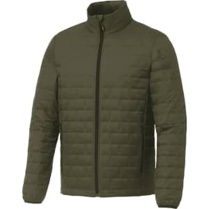 A lightweight packable insulated puffer jacket in olive green, featuring a front zipper and side pockets.