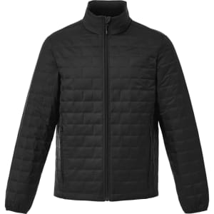 A lightweight black insulated puffer jacket with a stand-up collar and zip closure, featuring side pockets.