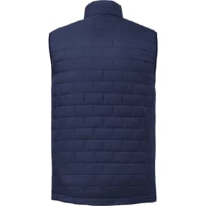 A lightweight, packable insulated puffer vest in navy blue with a quilted design and a collar.