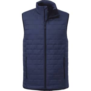 A navy insulated puffer vest with a stand-up collar and zippered front, featuring a logo on the side.