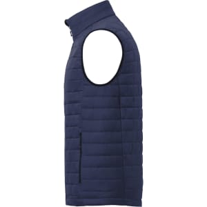 A navy lightweight packable insulated puffer vest with a high collar and a side zip pocket.