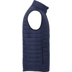 A men's lightweight packable insulated puffer vest in navy blue with a zippered pocket and a high collar.