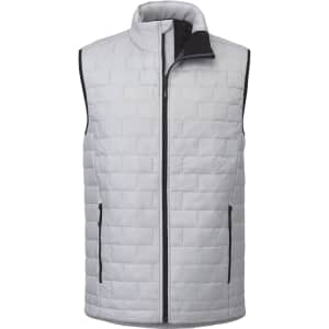 A lightweight, packable insulated puffer vest in light grey with black accents and a front zipper.