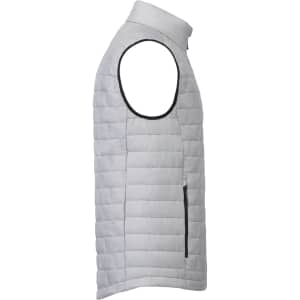 A lightweight packable insulated puffer vest in light grey, featuring a zippered side pocket and a stand-up collar.
