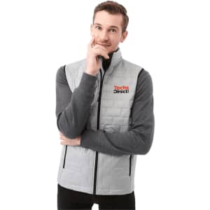 A lightweight packable insulated puffer vest in grey, featuring a zip front and two side pockets, with a logo.