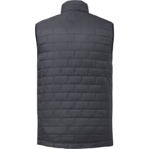 A grey lightweight packable insulated puffer vest with a quilted texture and no sleeves. Features a branding logo.