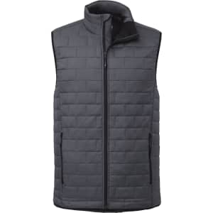 A lightweight packable insulated puffer vest in dark grey with a zip front and side pockets. Features a logo.