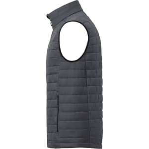 A men's lightweight packable insulated puffer vest in dark grey, featuring a side zipper pocket and a high collar.