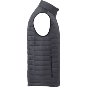 A lightweight, packable insulated puffer vest in dark grey with a zippered pocket and a high collar.